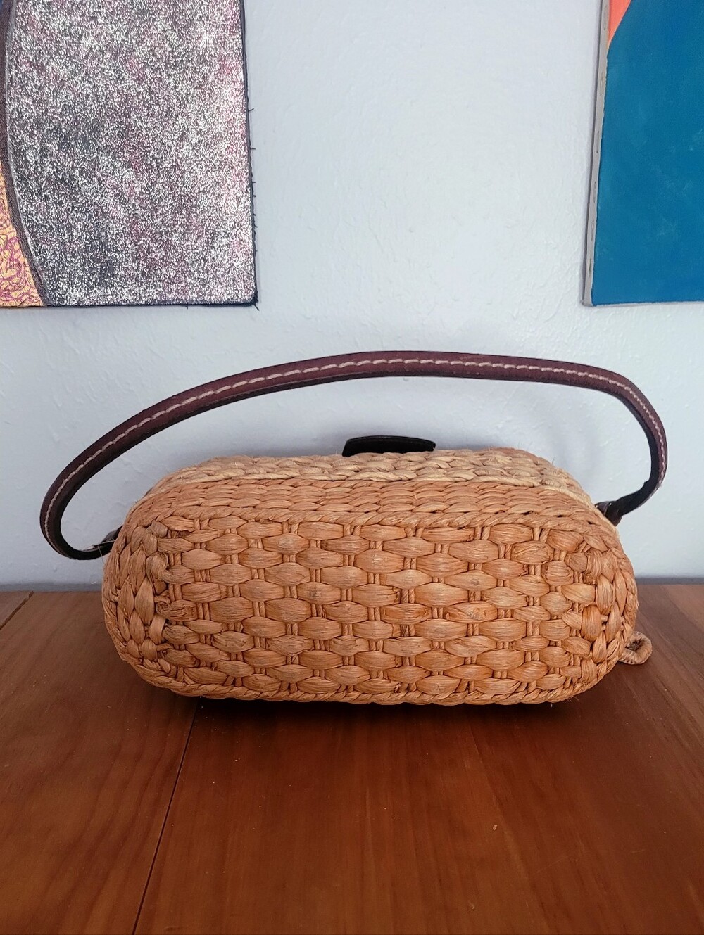 Brighton Vintage Straw Woven Shoulder Bag Brown Croc Leather W/Heart Charm - Picture 6 of 7